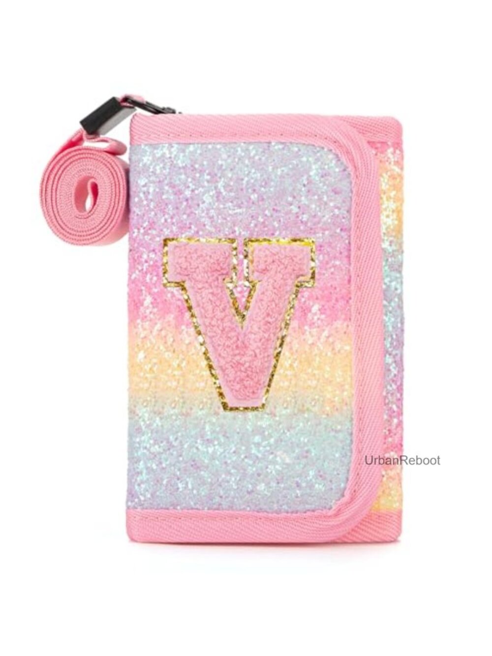 Girls Kids Wallet Glitter Fabric PVC 6 Card Slots Zipper Coin Pocket Neck Rope